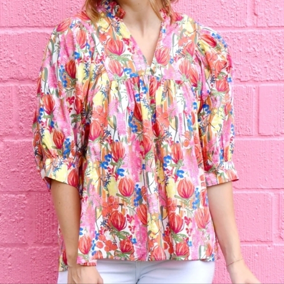 entro Tops - entro Pink Floral Puff-Sleeve Blouse